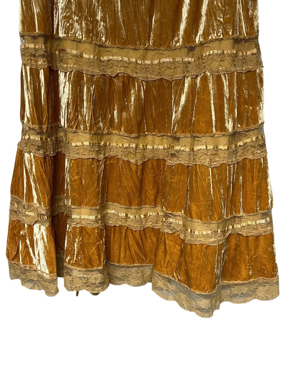 Passport vintage mustard velvet and lace tiered bow midi skirt boho feminine - Picture 6 of 12